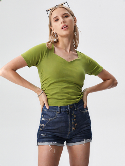 Green Sweetheart Neck Ruched Ribbed Knit Top for Women
