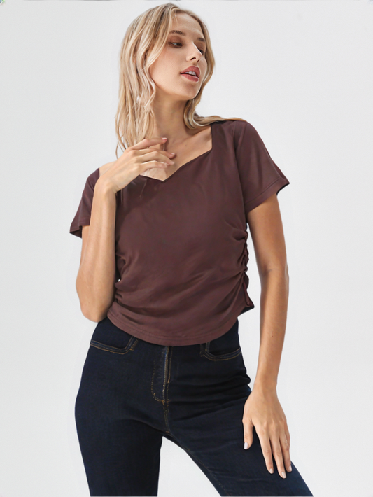 Brown Ribbed Knit Top – Stylish Sweetheart Neck Ruched Tee for Women's