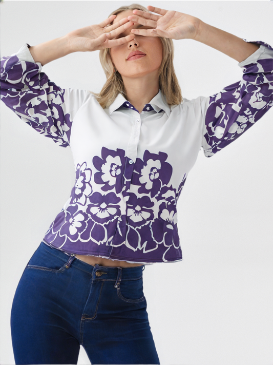 White & Purple Floral Short Shirt for Women’s | Stylish Cropped Button-Down