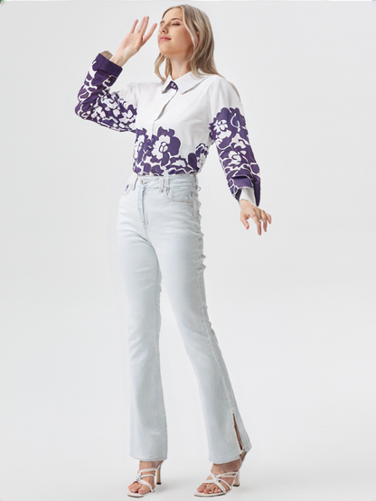 White & Purple Floral Short Shirt for Women’s | Stylish Cropped Button-Down