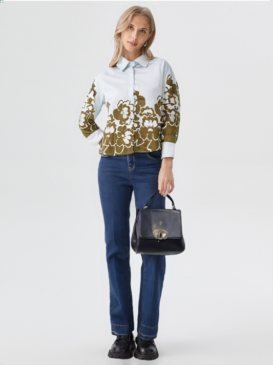 Olive Floral Printed Short Shirt for Women's – Casual Button-Down with Full Sleeves