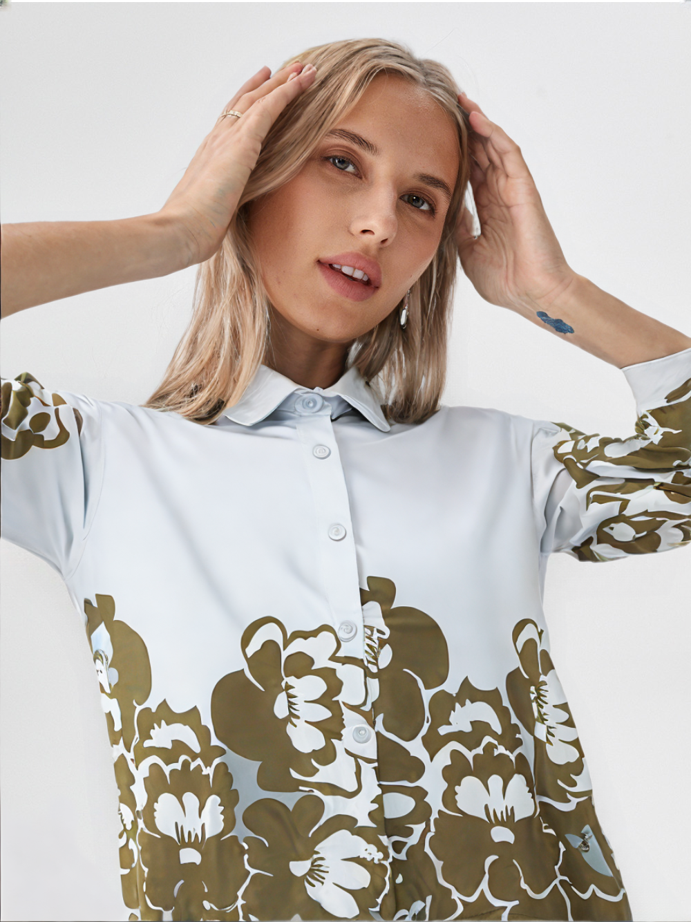 Olive Floral Printed Short Shirt for Women's – Casual Button-Down with Full Sleeves