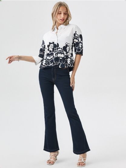 Black & White Floral Print Short Shirt with Full Sleeves for Women's – Elegant Casual Wear