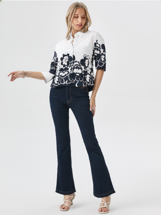Black & White Floral Print Short Shirt with Full Sleeves for Women's – Elegant Casual Wear
