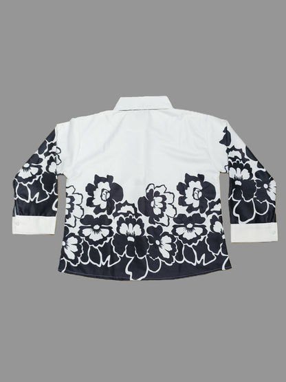 Black & White Floral Print Short Shirt with Full Sleeves for Women's – Elegant Casual Wear