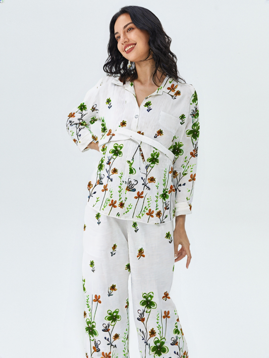 White Floral Printed Cotton Co-ord Set for Women | Casual Loungewear Set