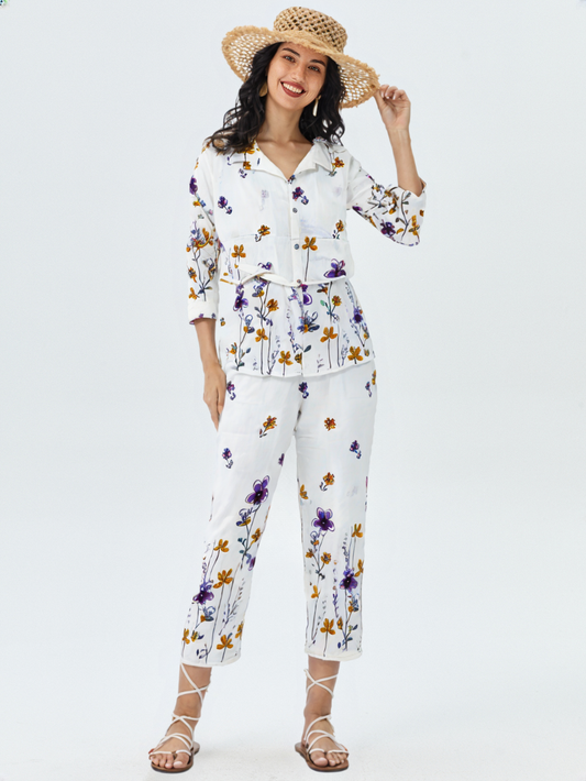 White Floral Printed Co-Ord Set for Women – Cotton Casual Shirt & Pant Combo