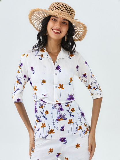 White Floral Printed Co-Ord Set for Women – Cotton Casual Shirt & Pant Combo