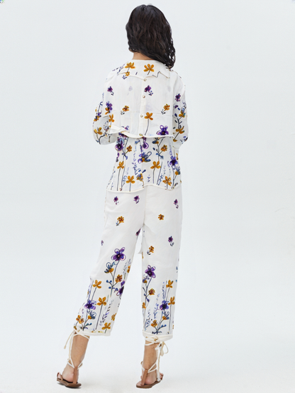 White Floral Printed Co-Ord Set for Women – Cotton Casual Shirt & Pant Combo