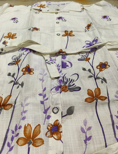 White Floral Printed Co-Ord Set for Women – Cotton Casual Shirt & Pant Combo