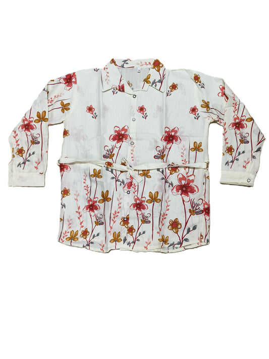 White Floral Co-ord Set with Red & Mustard Print | Stylish 2-Piece Casual Outfit for Women's