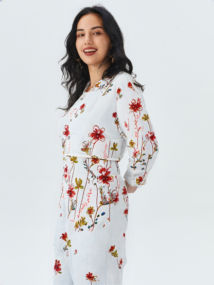 White Floral Co-ord Set with Red & Mustard Print | Stylish 2-Piece Casual Outfit for Women's