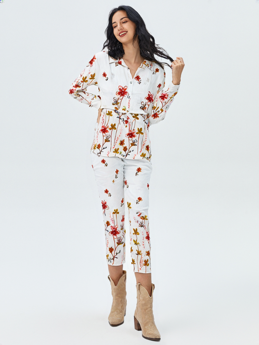 White Floral Co-ord Set with Red & Mustard Print | Stylish 2-Piece Casual Outfit for Women's