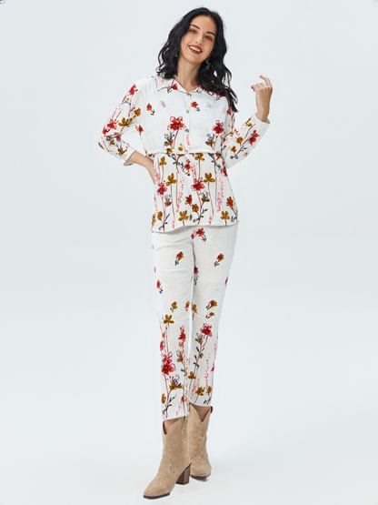 White Floral Co-ord Set with Red & Mustard Print | Stylish 2-Piece Casual Outfit for Women's