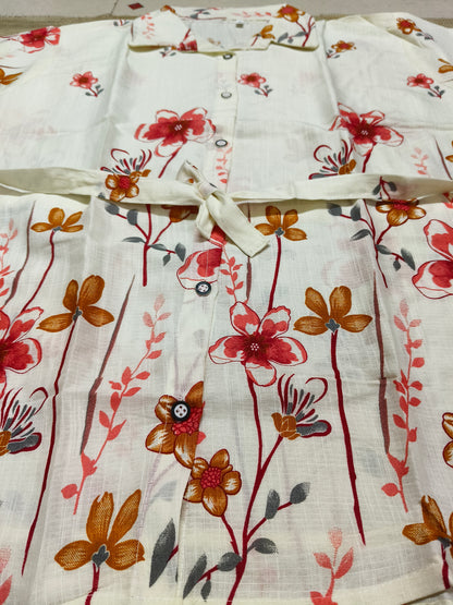 White Floral Co-ord Set with Red & Mustard Print | Stylish 2-Piece Casual Outfit for Women's