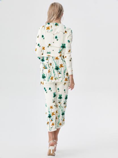 White & Teal Floral Cotton Co-ord Set | Casual Summer Co-ord with Belt for Women's