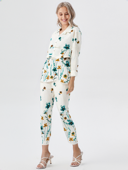 White & Teal Floral Cotton Co-ord Set | Casual Summer Co-ord with Belt for Women's