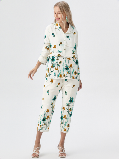 White & Teal Floral Cotton Co-ord Set | Casual Summer Co-ord with Belt for Women's