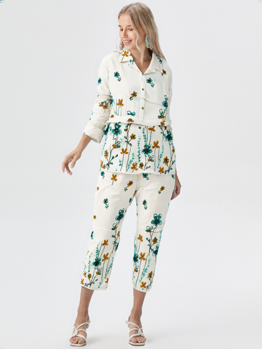 White & Teal Floral Cotton Co-ord Set | Casual Summer Co-ord with Belt for Women's
