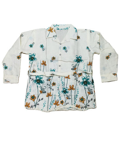 White & Teal Floral Cotton Co-ord Set | Casual Summer Co-ord with Belt for Women's
