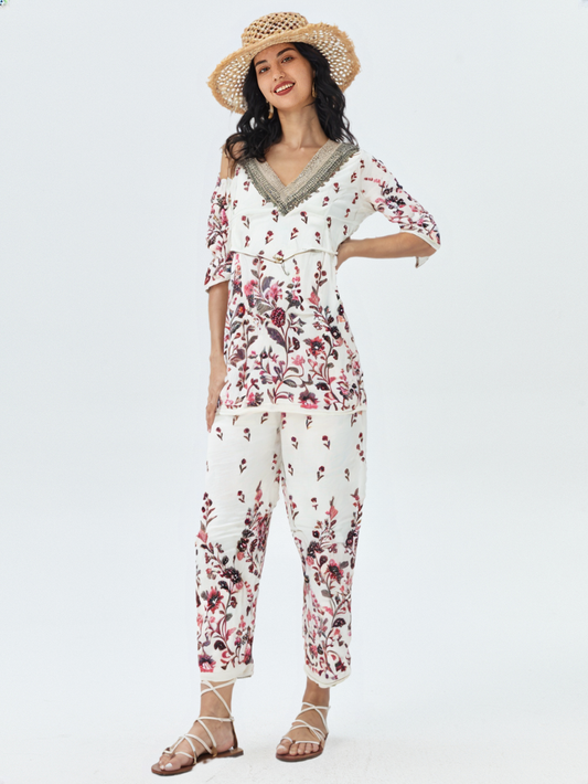 Elegant White Cotton Co-ord Set with Pink Floral Embroidery & Lace Neckline – Summer Ethnic Wear for Women