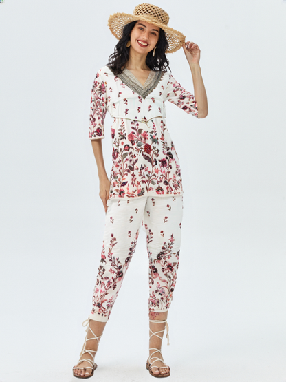 Elegant White Cotton Co-ord Set with Pink Floral Embroidery & Lace Neckline – Summer Ethnic Wear for Women