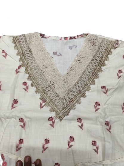 Elegant White Cotton Co-ord Set with Pink Floral Embroidery & Lace Neckline – Summer Ethnic Wear for Women