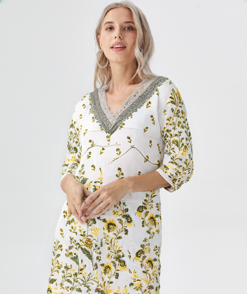 Sunflower Yellow Floral Co-Ord Set with Crochet Lace Neck – Summer Cotton Coord for Women