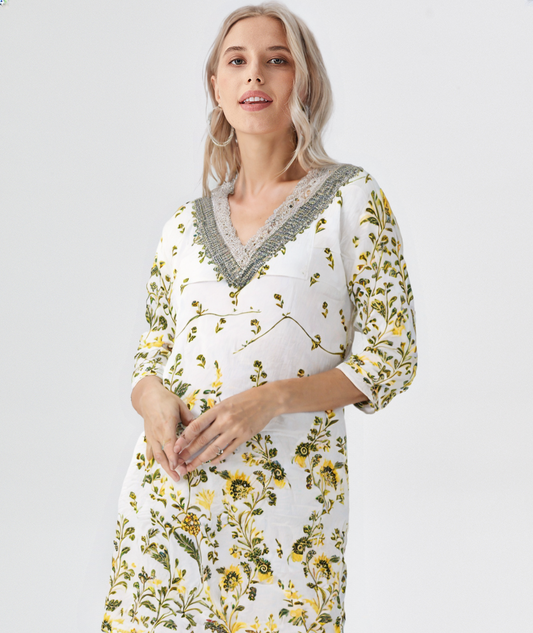 Sunflower Yellow Floral Co-Ord Set with Crochet Lace Neck – Summer Cotton Coord for Women