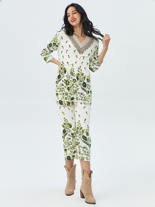 Elegant Green Floral Printed Cotton Co-ord Set for Women – Stylish Ethnic Wear for Summer