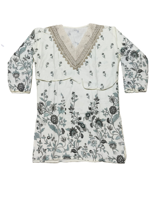 Elegant White & Grey Floral Cotton Co-Ord Set for Women – Lace Neck Design | Summer Casual Wear