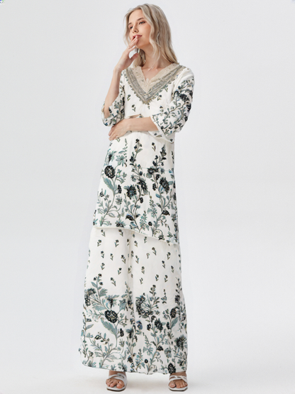 Elegant White & Grey Floral Cotton Co-Ord Set for Women – Lace Neck Design | Summer Casual Wear