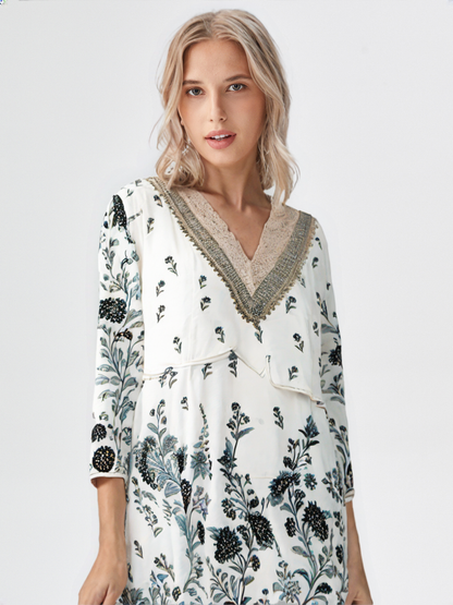 Elegant White & Grey Floral Cotton Co-Ord Set for Women – Lace Neck Design | Summer Casual Wear