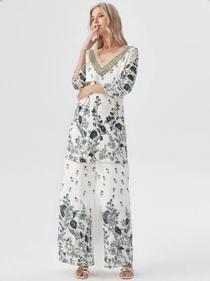 Elegant White & Grey Floral Cotton Co-Ord Set for Women – Lace Neck Design | Summer Casual Wear