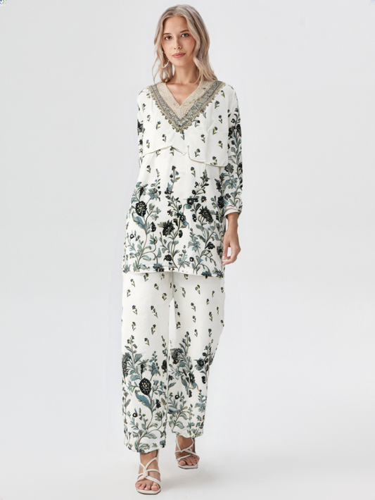 Elegant White & Grey Floral Cotton Co-Ord Set for Women – Lace Neck Design | Summer Casual Wear