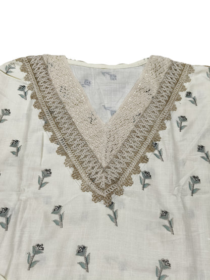 Elegant White & Grey Floral Cotton Co-Ord Set for Women – Lace Neck Design | Summer Casual Wear