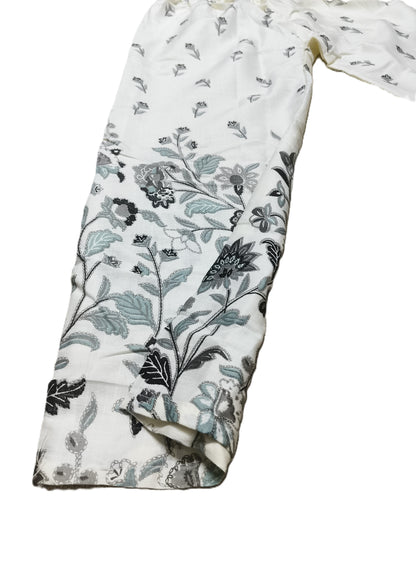 Elegant White & Grey Floral Cotton Co-Ord Set for Women – Lace Neck Design | Summer Casual Wear