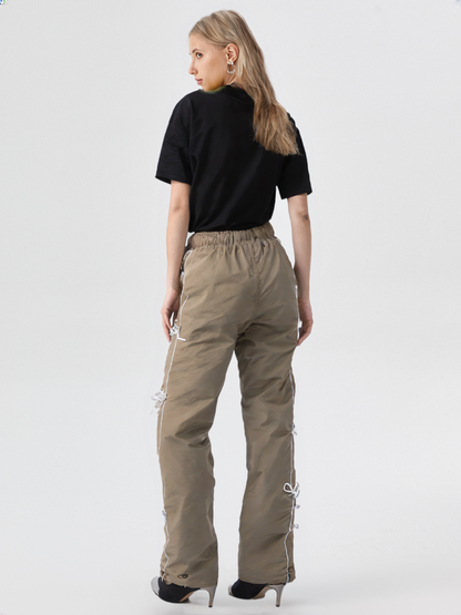 Stylish Olive green Bow String Track Pants – Relaxed Fit | Streetwear Casual for Women’s