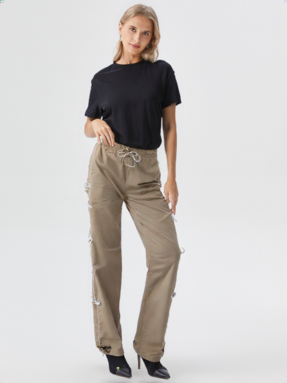 Stylish Olive green Bow String Track Pants – Relaxed Fit | Streetwear Casual for Women’s