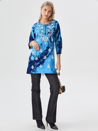 Women’s Blue Tie-Dye Cotton Kurti with White Embroidery – Casual & Ethnic Wear