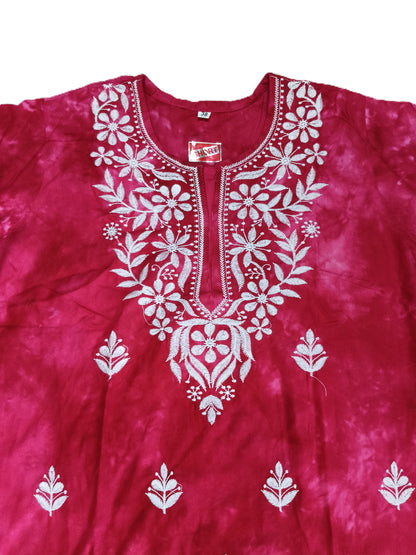 Women’s Pink Tie-Dye Cotton Kurti with White Chikankari Embroidery – Casual & Festive Wear