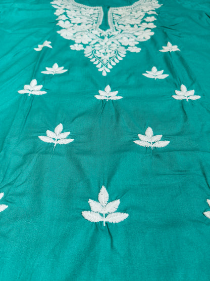 Women’s Teal Green Cotton Kurti with White Embroidery – Casual & Festive Wear