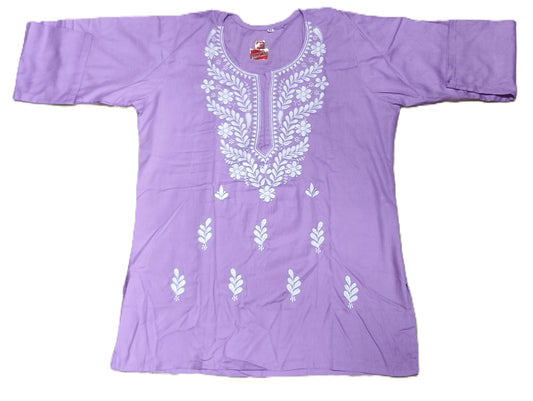 Women's Lilac Cotton Kurti with White Embroidery – Elegant Ethnic Wear for Casual & Office Look