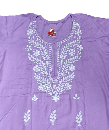 Women's Lilac Cotton Kurti with White Embroidery – Elegant Ethnic Wear for Casual & Office Look