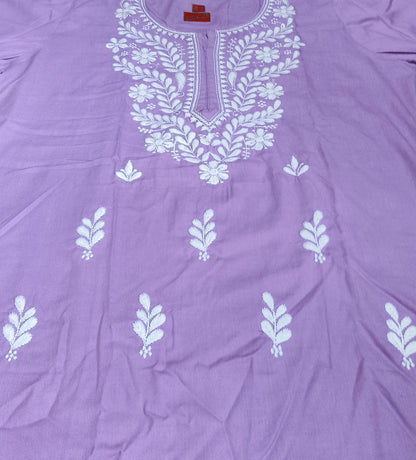Women's Lilac Cotton Kurti with White Embroidery – Elegant Ethnic Wear for Casual & Office Look