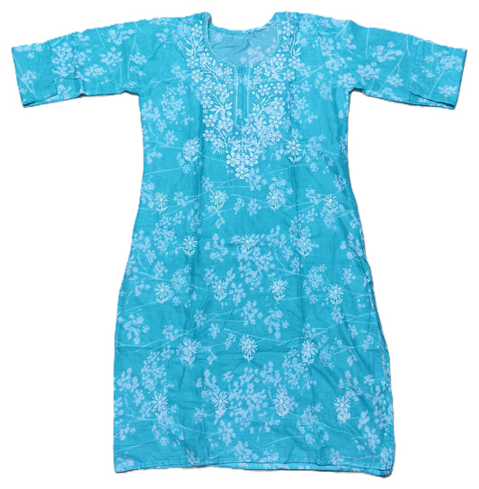 Turquoise Blue Floral Printed Cotton Kurta for Women – 3/4 Sleeve, Round Neck