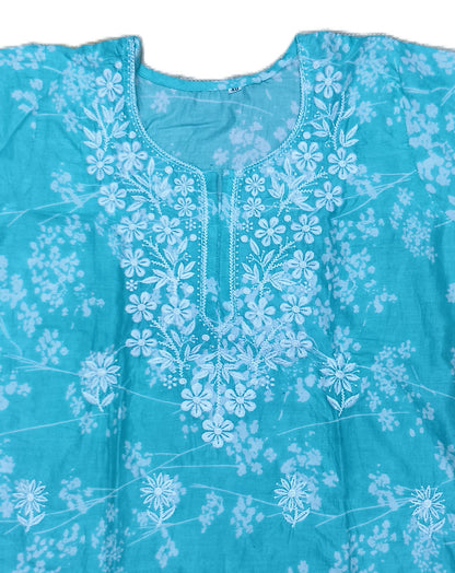 Turquoise Blue Floral Printed Cotton Kurta for Women – 3/4 Sleeve, Round Neck