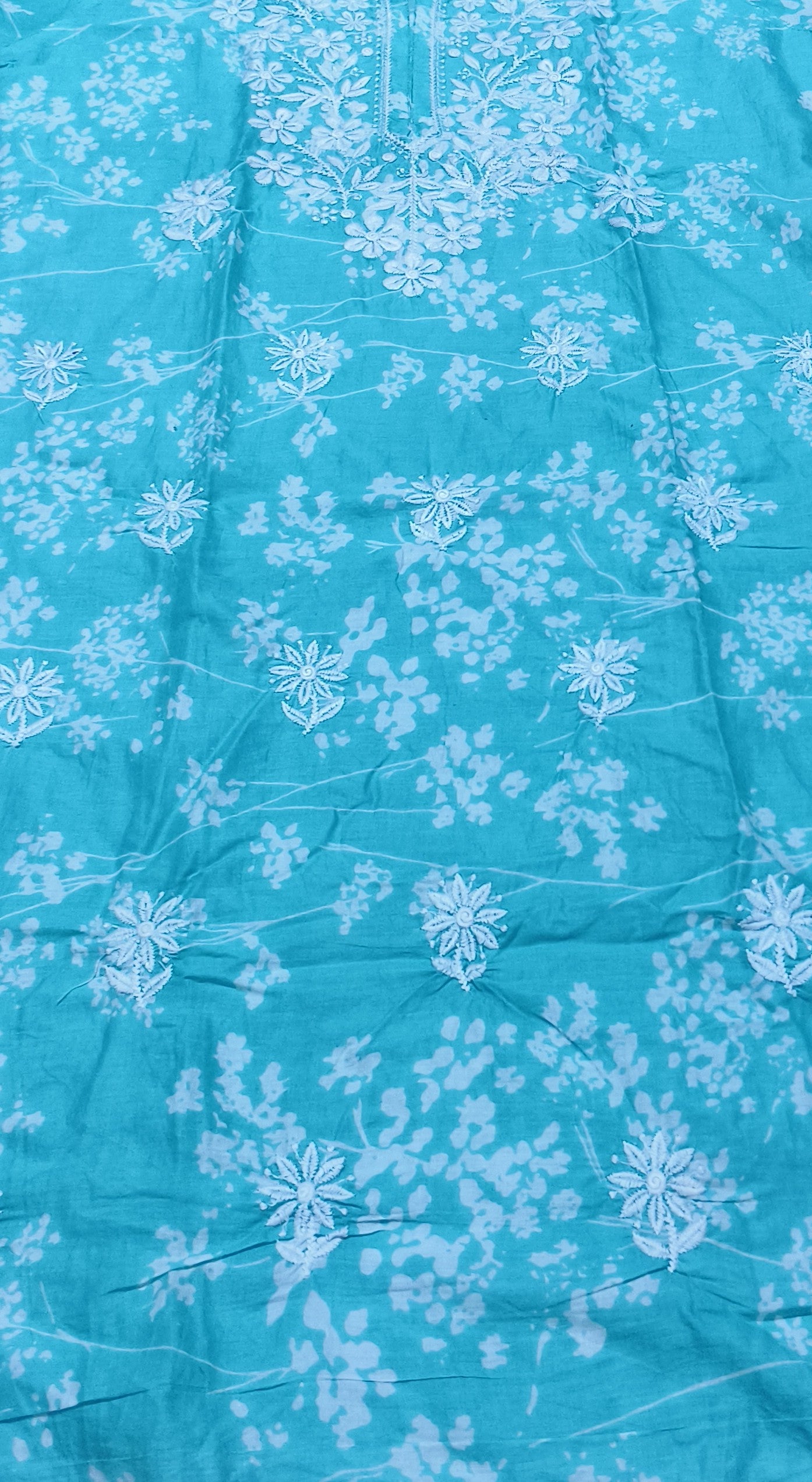 Turquoise Blue Floral Printed Cotton Kurta for Women – 3/4 Sleeve, Round Neck