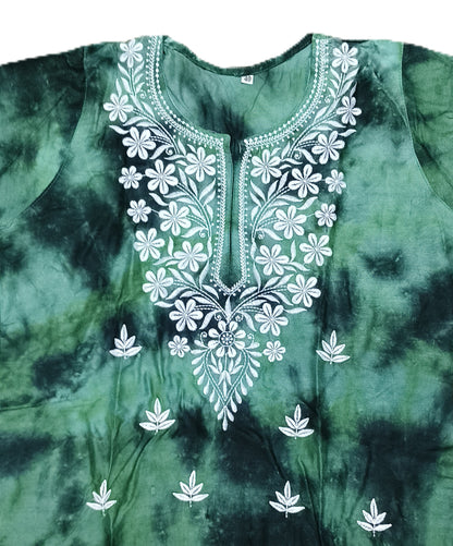 Elegant Green Tie-Dye Cotton Kurta Set with White Embroidery – Ethnic Wear for Women