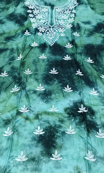 Elegant Green Tie-Dye Cotton Kurta Set with White Embroidery – Ethnic Wear for Women